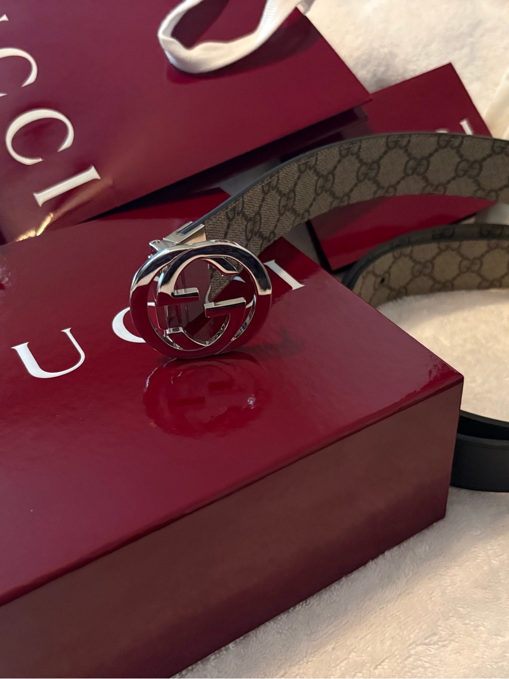 Gucci GG Monogram Belt in Beige with Black Reverse and Silver Buckle